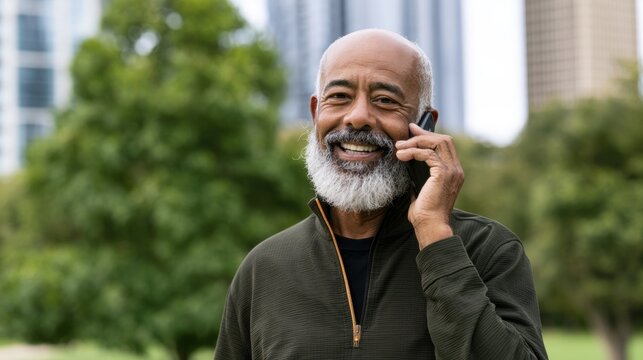 Smiling senior man making phone call in urban park. Mature adult enjoying mobile communication, outdoor lifestyle and staying connected with family, friends or colleagues