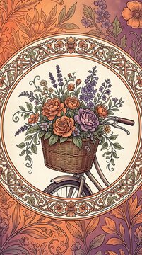 Vintage bicycle with a basket full of colorful spring flowers