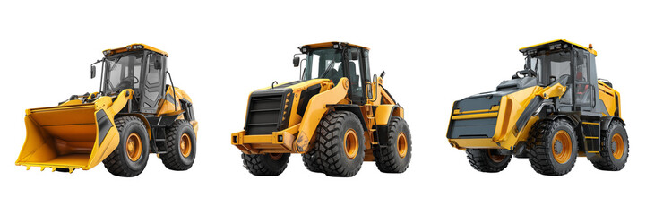 Fototapeta premium Set of Large yellow wheel loader on transparent png background. Ai generated
