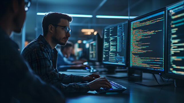 Software developers working on code on multiple computer monitors in a dark modern office