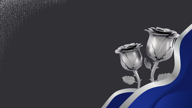 Luxurious Dark Grey Background with Silver Metallic Roses and Deep Blue Waves