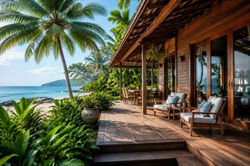 Fototapeta premium Beachfront bungalow with a wooden deck surrounded by tropical plants and a distant ocean view.