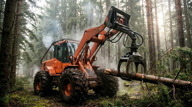 Heavy forestry machinery gripping felled tree trunk in dense, misty forest, industrial timber harvesting process.