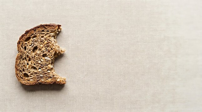 Bitten slice of multigrain seeded bread on linen fabric