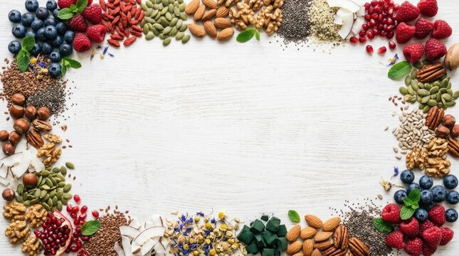 A vibrant assortment of various nuts, seeds, and berries arranged in a decorative frame on a white wooden surface.
