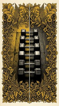 Professional dumbbells framed by ornate golden floral patterns