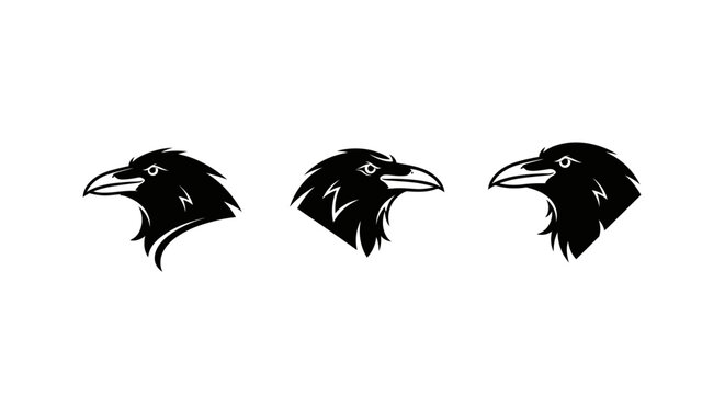 Three black raven heads in profile silhouette view.