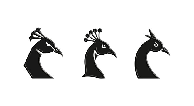 Three elegant peacock head silhouettes in black.