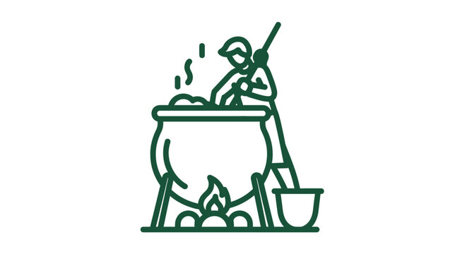 Illustration of a witch stirring a cauldron over fire.