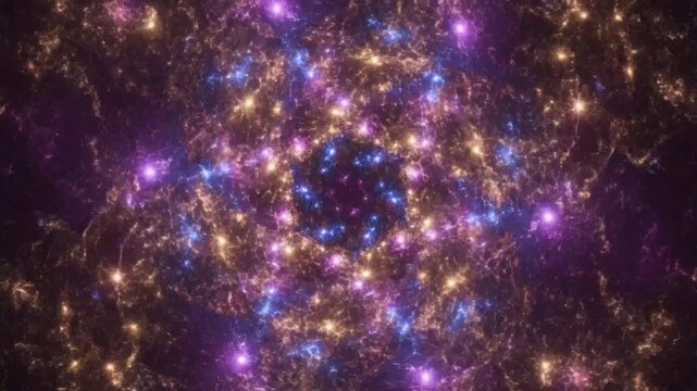 Abstract floral pattern with shimmering stars, forming a dazzling kaleidoscopic effect with a purple and blue color palette