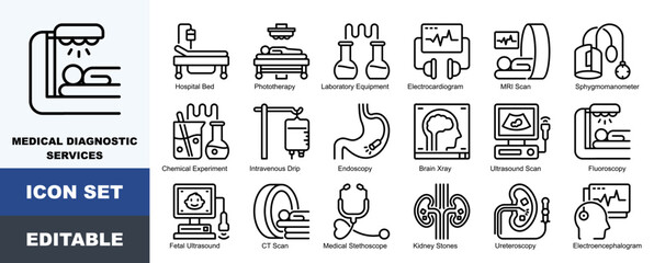 Fototapeta premium Medical Diagnostic Services Icon Pack Featuring Phototherapy, Electrocardiogram, MRI Scan, Sphygmomanometer, Endoscopy, Brain Xray, Ultrasound Scan, Fluoroscopy