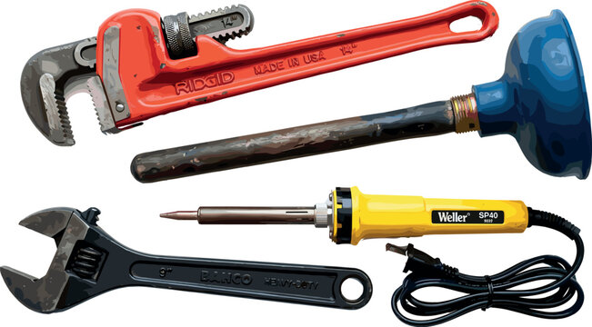 Realistic Plumbing and Repair Tools Vector Set with Red Pipe Wrench Toilet Plunger Soldering Iron and Adjustable Spanner Isolated on White Background