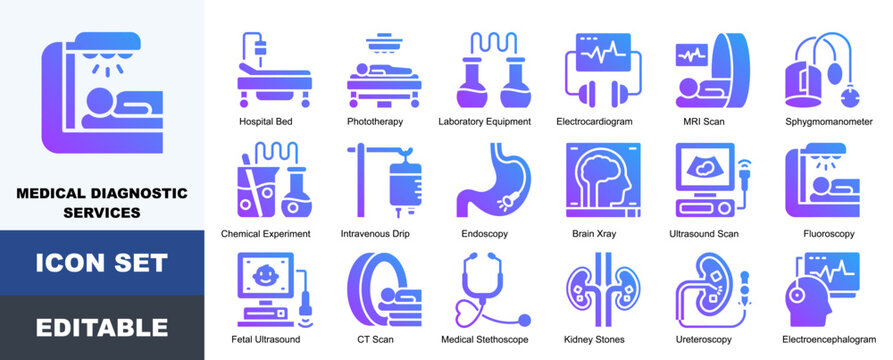Medical Diagnostic Services Icon Pack Featuring Phototherapy, Electrocardiogram, MRI Scan, Sphygmomanometer, Endoscopy, Brain Xray, Ultrasound Scan, Fluoroscopy