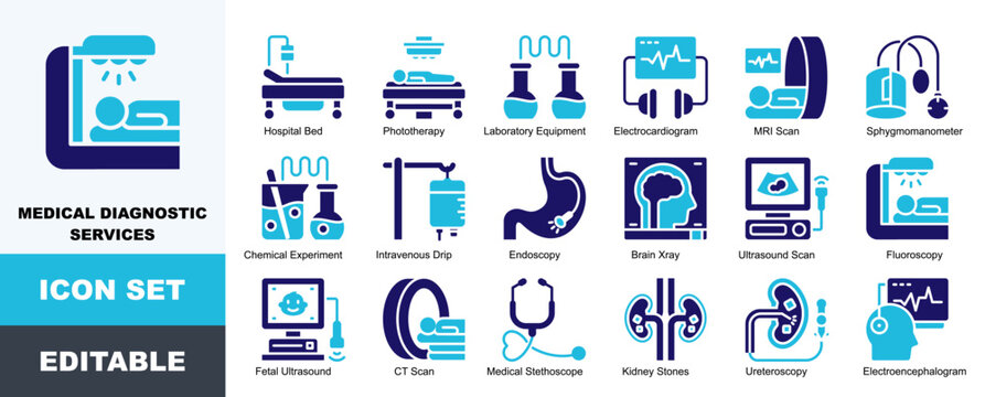 Medical Diagnostic Services Icon Pack Featuring Phototherapy, Electrocardiogram, MRI Scan, Sphygmomanometer, Endoscopy, Brain Xray, Ultrasound Scan, Fluoroscopy