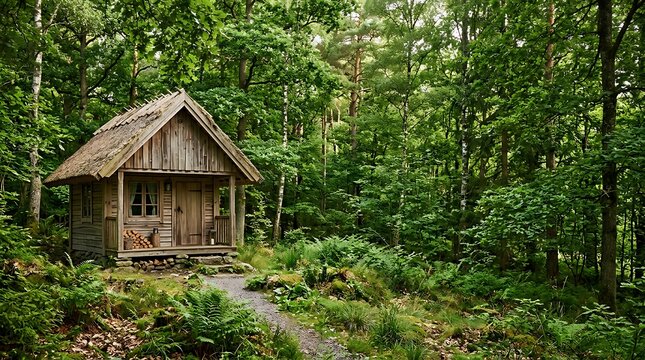 Small rustic wooden cabin in a lush green forest clearing