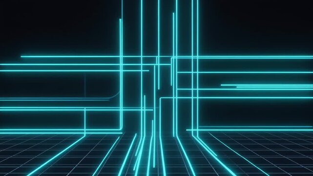 Abstract algorithm generation concept with glowing cyan neon lines forming a growing digital network on grid floor