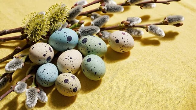 Easter still life arrangement with decorated eggs and pussy willow branches on bright yellow background