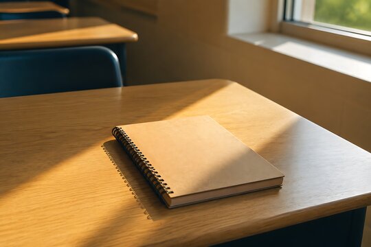 A closed, spiral-bound notebook rests on a sunlit wooden desk in an empty classroom, with a window casting shadows.