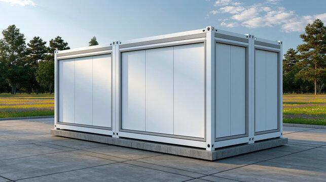 Modular metal container on concrete base in park landscape with trees, grass, and blue sky, clean outdoor industrial storage unit with modern design