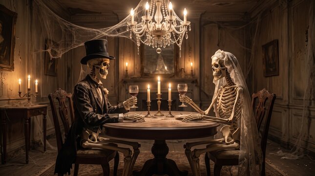 Skeleton bride and groom dining by candlelight in a dusty cobwebbed room. Perfect for gothic romance concepts.