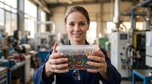 Smiling female plastics factory employee showing container of colorful raw polymer resin pellets