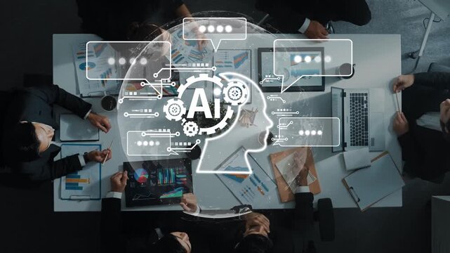 A dynamic business meeting showcasing a team engaged in discussions while leveraging artificial intelligence technology for data analysis and innovative strategies. Raster