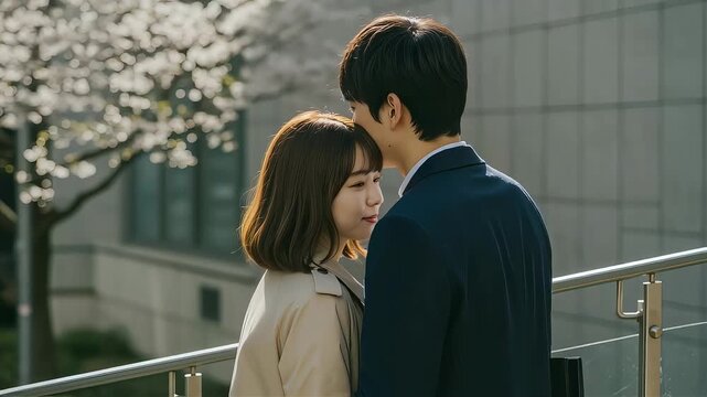 桜が咲く春の屋外で、愛おしそうに女性の額にキスをするスーツ姿の男性
