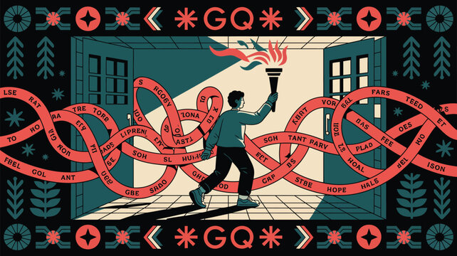 Person walks through a labyrinthine doorway while carrying a burning torch to illuminate the shadowed path ahead, representing the quest for clarity and guidance through complex modern social.