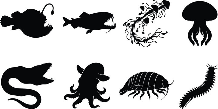 Deep Sea Creatures Silhouette Icon Set with Anglerfish Viperfish Jellyfish Moray Eel and Dumbo Octopus