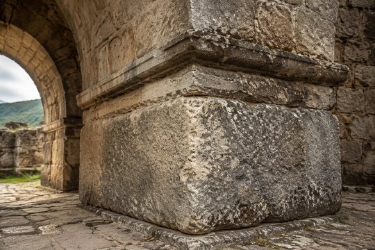 A massive, weathered cornerstone supporting an ancient stone archway.