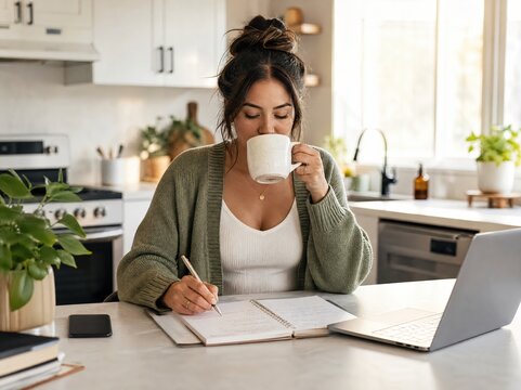 Generative AI, Woman drinking coffee and writing notes in a bright kitchen morning
