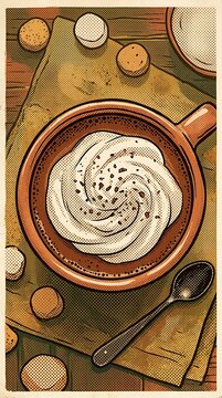 Top view of hot chocolate mug with whipped cream in retro style