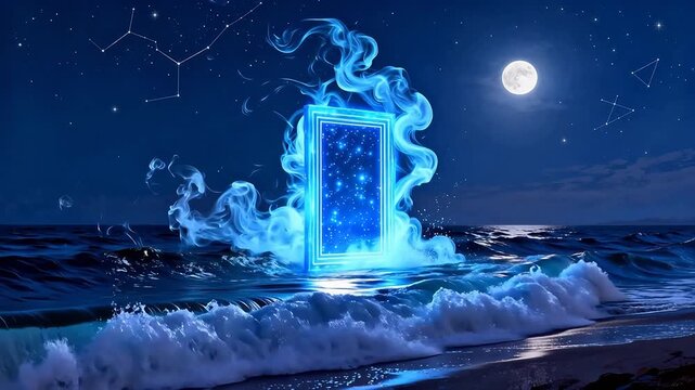 Mystical portal in ocean at night