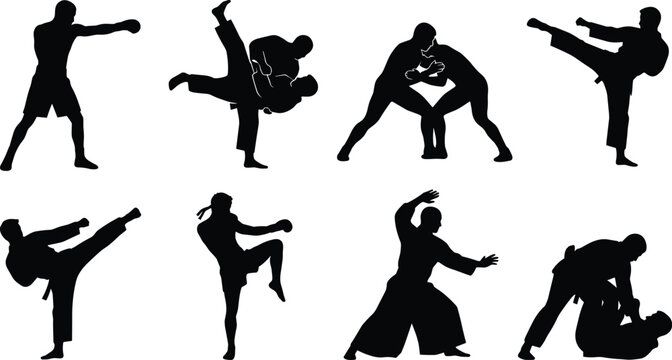 Martial Arts Silhouettes Set Vector Illustration of Boxing Karate Judo Muay Thai and Wrestling Poses