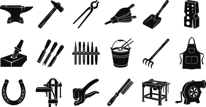 Blacksmith Forging and Metalworking Tools Silhouette Icon Set Workshop Vector Collection