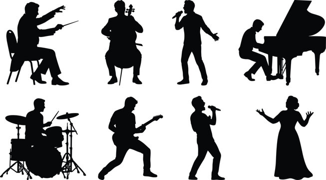 Musical musicians and singers silhouette set with instruments conductor pianist guitarist drummer and vocalists on white background