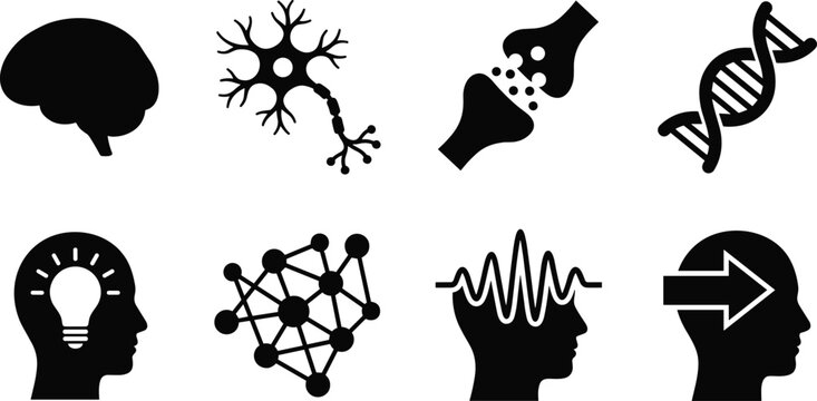 Neurology and psychology silhouette icon set with human brain neuron synapse DNA helix and thinking heads