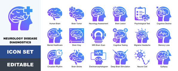 Fototapeta premium Neurology Disease Diagnostics Icon Pack Human Brain, Brain Tumor, Neurology Assessment, Brain Lesion, Psychological Test, Cognitive Decline, Mental Healthcare