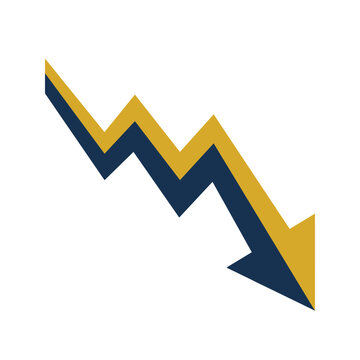 Dual layered zigzag down arrow icon in navy blue and gold indicating financial decline, market crash, economic loss, falling statistics, failure trend