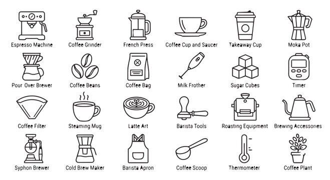 Professional coffee brewing and barista accessories icon set with equipment espresso preparation