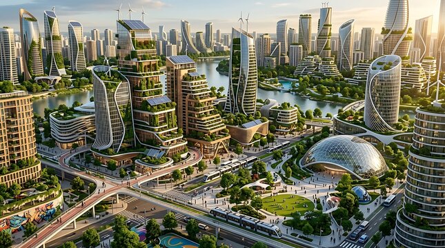 Sustainable futuristic city with vertical gardens and green energy
