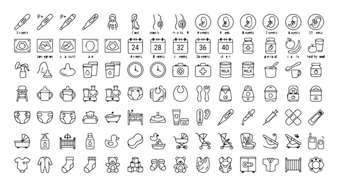 Extensive set of hand-drawn icons covering diverse themes such as food drink time weather household