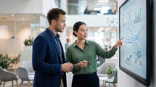 Diverse business colleagues discussing cloud computing strategy on digital screen