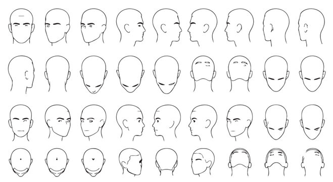 Human head study - various angles and expressions - drawing reference sheet with reference, template