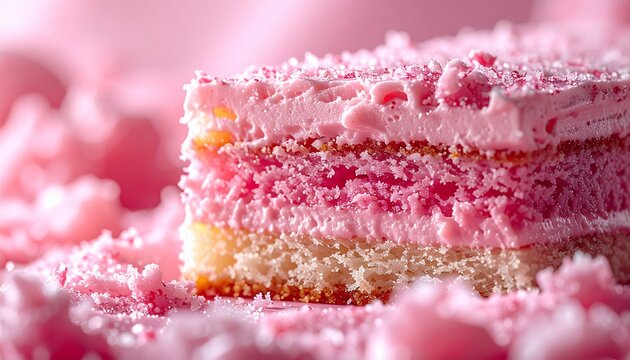 Pink Strawberry Layer Cake Slice with Cream Frosting and Crumb Texture