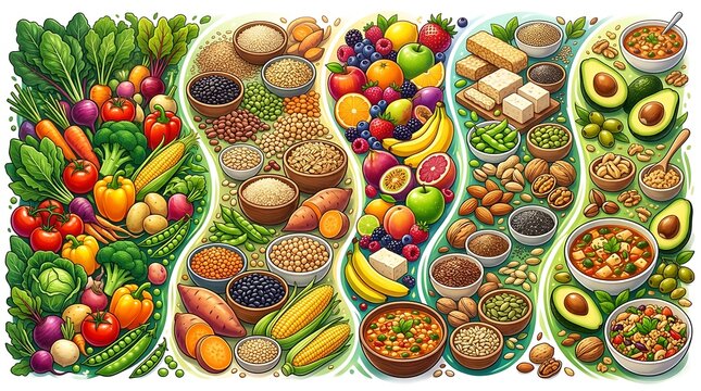 Colorful assortment of fresh vegetables fruits grains and proteins