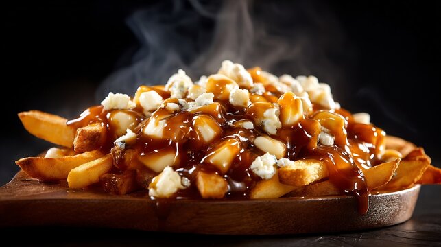 Close-up of steaming poutine featuring golden fries melted cheese curds and rich brown gravy sauce