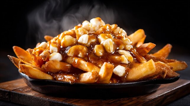 Hot poutine with crispy french fries and cheese curds topped with brown gravy in cast iron skillet
