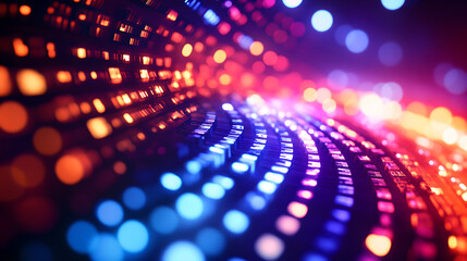 Fototapeta premium Abstract digital background with glowing blue and orange light particles in a curved motion