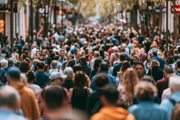 Obraz premium Dense urban crowd walks through bustling shopping street lined with storefronts and trees